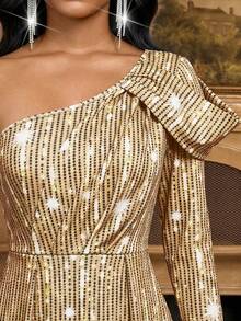 SHEIN Lady Women's Fashion Party Sequin High Slit Maxi One Shoulder Dress - Gold - View 7