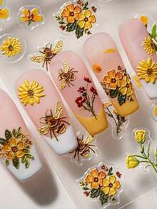 1 Sheet Flower Bee Nail Art Stickers 3D Floral Leaf Plant Relief Self Adhesive Nail Decals Summer Garden Pattern Manicure Supplies Slider Water Transfer Nail Stickers Flower Decoration For Women Girls DIY Salon Accessories - Dusty Pink - View 5