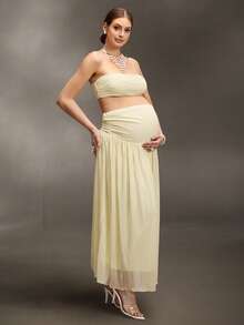 Cheriluna Maternity 2 piezas Conjunto de fotografía de maternidad, top bandeau de malla romántico y falda larga plisada de malla de cintura alta, ropa de resort de primavera/verano para fotografía - Albaricoque - Ver 4