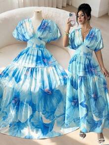 Selianne Damen Maxikleid mit mehrfarbigem Muster, geraffelte Schulterärmel, taillierter Bund, Patchwork-Design, elegantes hochwertiges Cocktail-Party-Geburtstaggeschenk, festliche Anlässe, Frühling/Sommer - Verschiedenfarbig - Übersicht 4