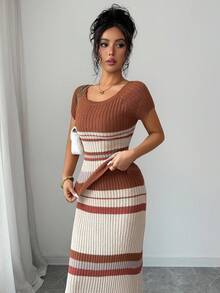 Elenzga 女士春夏新款U领修身常规半袖经典条纹针织时尚百搭休闲套头衫 - 彩色 - 查看 5