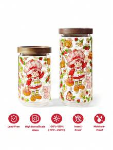 Strawberry Shortcake X SHEIN 1个卡通图案印花硼硅酸盐玻璃储物罐，25.4盎司/750毫升，34.8盎司/1030毫升两种尺寸，适合盛放不同内容物，例如意面、谷物、调味料等。推荐用于存放干货、草莓、田园诗等。 - 無色 - 查看 3