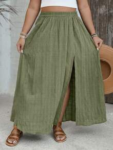 SHEIN VCAY Falda casual versátil para citas y salidas de mujer talla grande con diseño de corte en unicolor - Verde militar - Ver 6