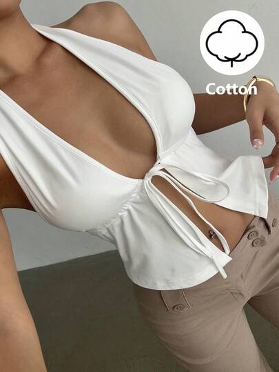 EMERY ROSE Y2K 宝贝风纯棉 V 领系带露背吊带背心，性感又可爱优雅的夏季女式上衣