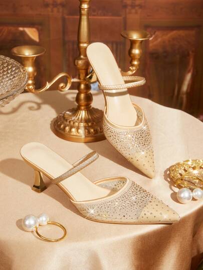 CUCCOO TILAWA Zapatos de mujer Zapatos de tacón de aguja con diamantes de imitación y malla champán de moda para mujer, zapatos de fiesta, cena, elegantes y sexy de tacón de gatito