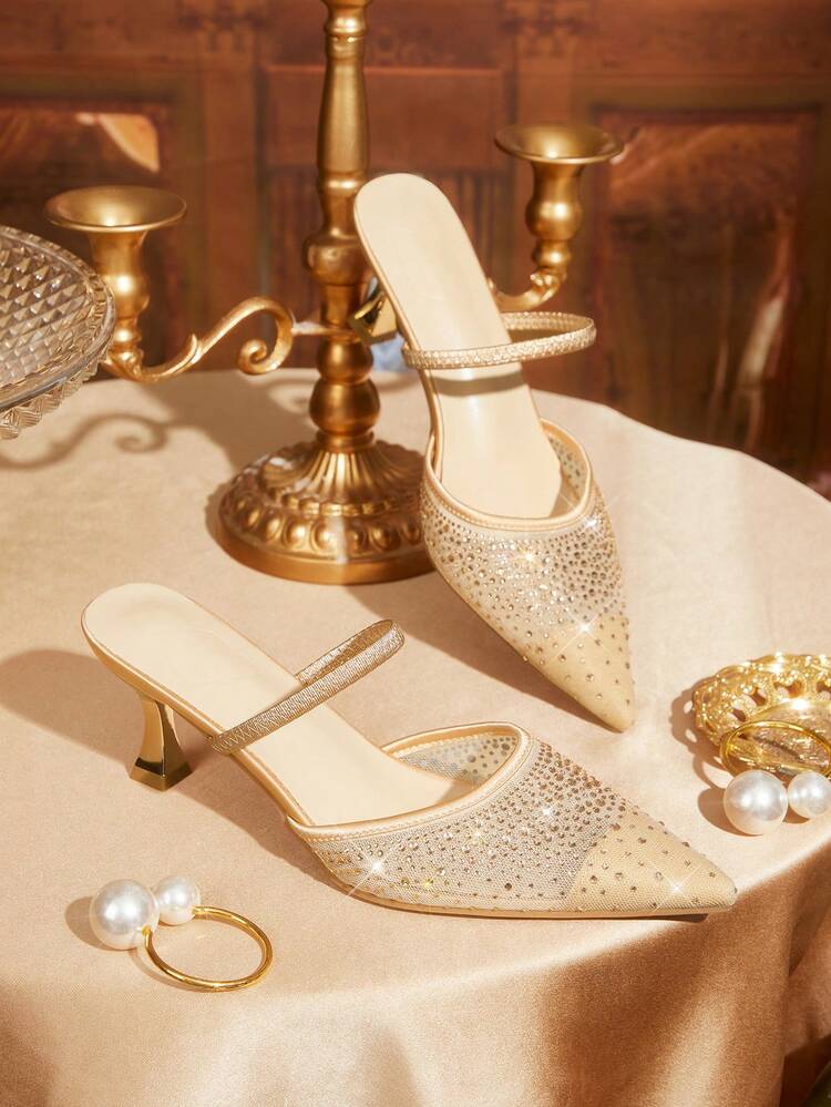 CUCCOO TILAWA Women Shoes Women's Fashion Pointed Rhinestone Champagne Mesh Splicing Fashion Party Dinner Gorgeous Sexy Kitten Heel Women's High Heel Shoes Mule Shoes