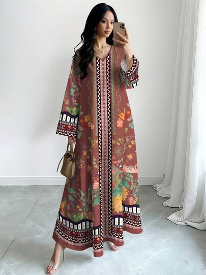 Al Najma Vestido maxi con estampado floral y geométrico vintage, vestido maxi elegante de manga larga y cuello en V, vestido con estampado floral, adecuado para la playa, vacaciones y uso diario, vestido maxi de estilo bohemio