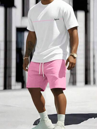 Sorvial Conjunto de camiseta de manga corta blanca y pantalones cortos tejidos rosa para hombre de talla estándar