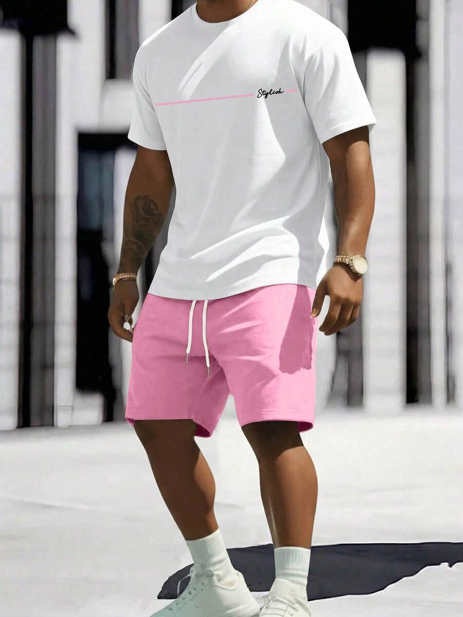 Sorvial Men's Standard Size White Short Sleeve T-Shirt And Pink Woven Shorts Set - Multicolor - View 1