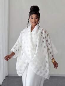 Maweii Plus Size Women Plaid Minimalist Casual Long Sleeve Twist Collar Blouse - White - View 5