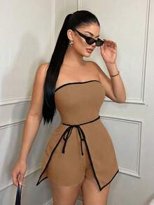 SHEIN SXY Gaun Jumpsuit Tanpa Lengan dengan Trim Kontras untuk Bisnis Kasual - Coklat - View 4