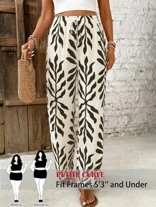 SHEIN PETITE CURVE Celana Kasual Wanita Ukuran Besar Motif Tumbuhan Pinggang Elastis - MultiWarna - View 6
