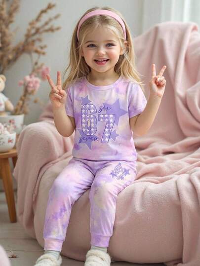 Young Girl Casual Comfortable Short Sleeve & Pants Patchwork Snug Fit Loungewear, Suitable For Spring & Summer
