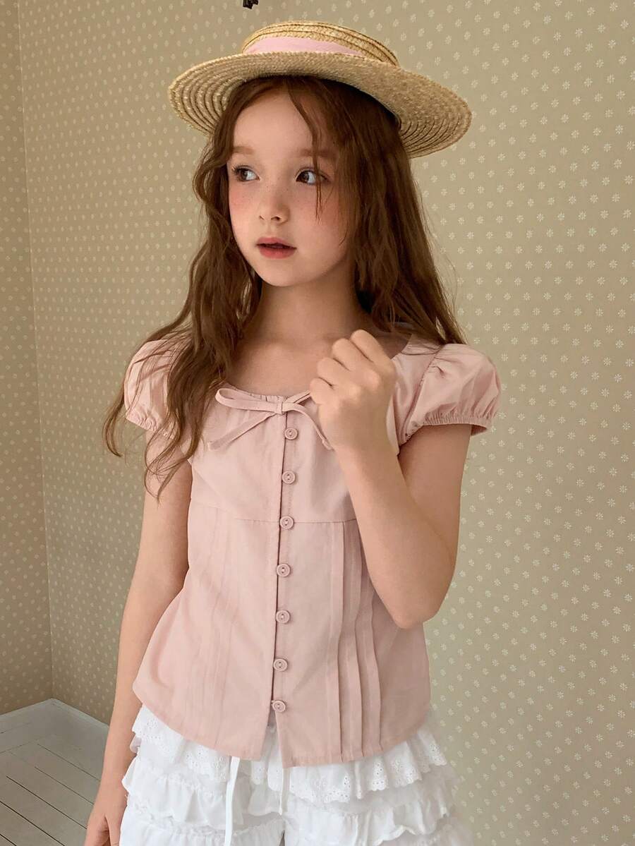 DAZY Tween Girls Solid Color Fitted Tie Waist Puff Sleeve Blouse Summer - Pink - View 1