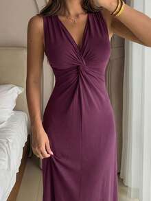 DAZY Minimalist Solid Color Twist Knit Design Fitted Sleeveless Long Dress Women Loungewear Pajama - Purple - View 3
