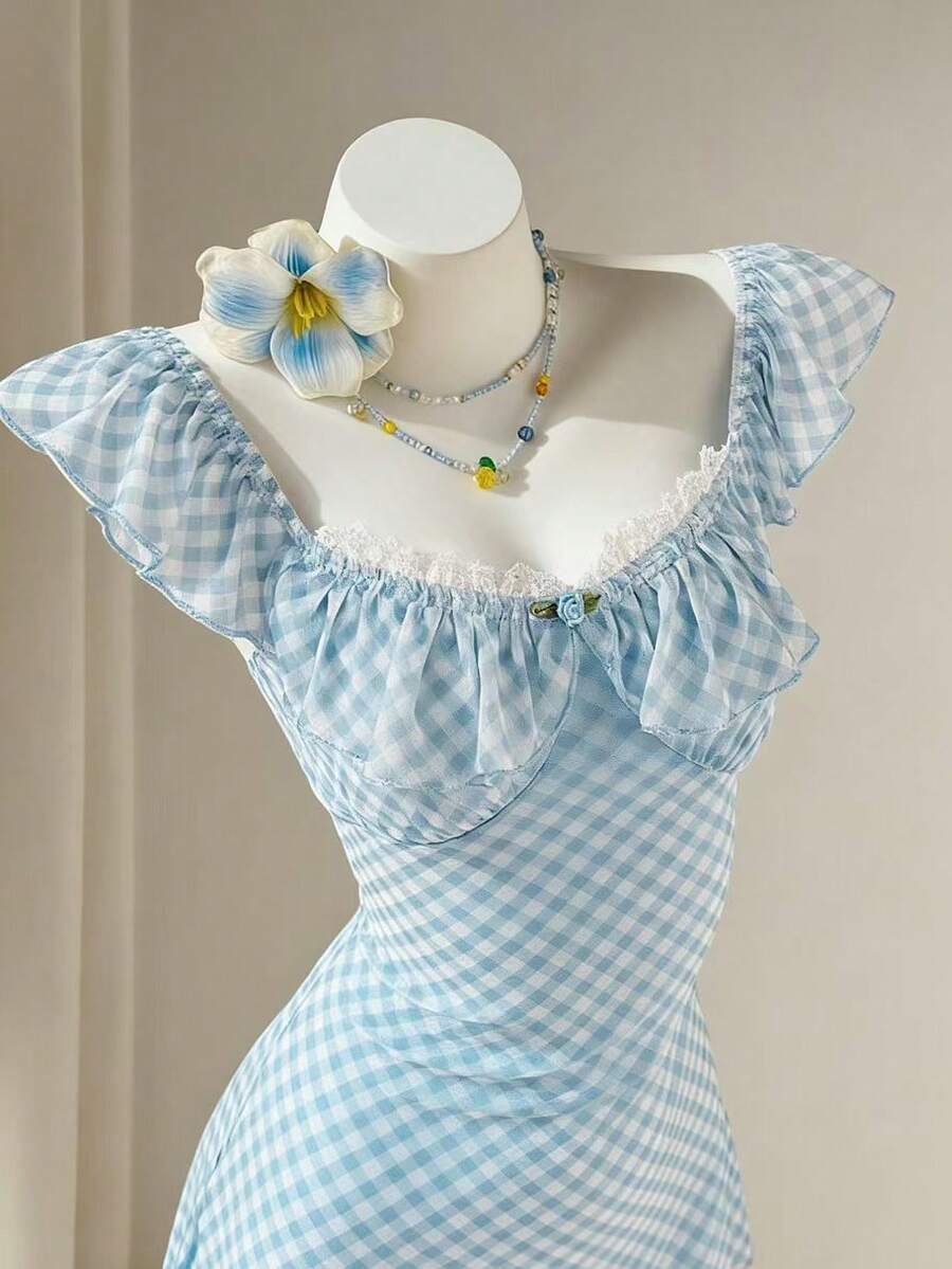 Elamini Đầm ngắn nữ kiểu dáng thường ngày dễ thương ngọt ngào, đa năng, họa tiết kẻ caro hoa, tay phồng, thắt eo, chất liệu lưới, thích hợp cho tiệc tùng và hẹn hò, mùa xuân/hè. - Nhiều màu - Xem 1