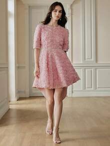 Anewsta Spring Romantic Elegant Ball Party Waist Fitted Petal Sleeve Mid-Length Dress For Women - Pink - View 5