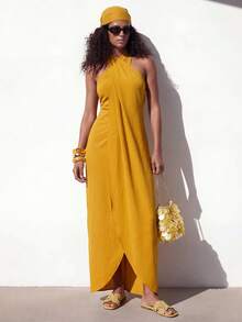 Zivah 2025春季新款音乐节休闲度假芥末黄露背吊带A字连衣裙 - 黃色 - 查看 5