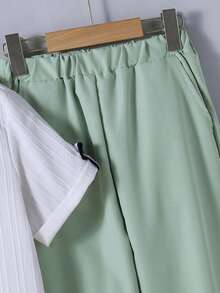 Vacaura 2pcs/Set Setelan Musim Panas Anak Laki-laki Remaja: Kemeja Kerah Tegak Kasual Serbaguna + Celana Saku Sederhana Warna Polos, Cocok untuk Pemakaian Sehari-hari & Aktivitas Luar Ruangan - Hijau - View 7