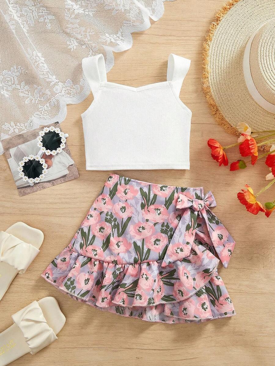 SHEIN Babygirl Summer Cute Ditsy Floral Skirt And Knit Top Set - Multicolor - View 1