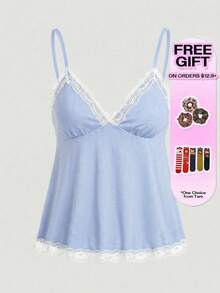 ROMWE Fairycore Women's Solid Color Minimalist Daily Lace Patchwork Camisole Top - Baby Blue - View 3
