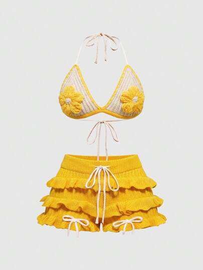 ROMWE Fairycore Y2K Style Crochet Women Beach Vacation Knit Set