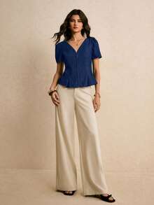 女士休闲花瓣袖牛仔衬衫，夏季 - 深色水洗藍 - 查看 3