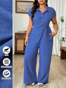 Weeklong 大码女式新款阔腿度假休闲优雅纯色翻领系带不对称下摆衬衫和阔腿裤两件套 - 藍色 - 查看 1