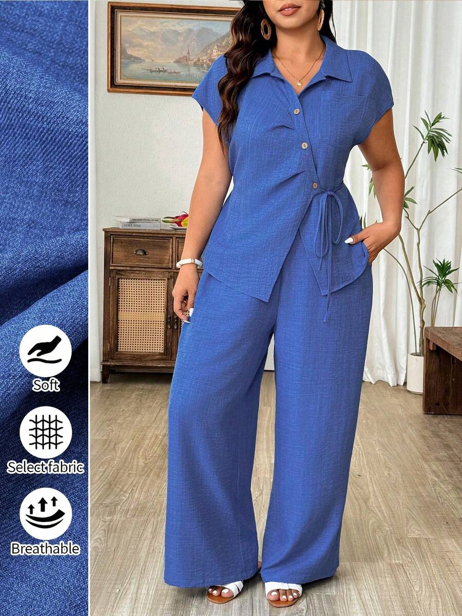 Weeklong 大码女式新款阔腿度假休闲优雅纯色翻领系带不对称下摆衬衫和阔腿裤两件套 - 藍色 - 查看 1