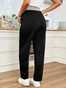 SHEIN Maternity Casual Versatile Contrast Color Waistband Pants Casual - Black - View 5