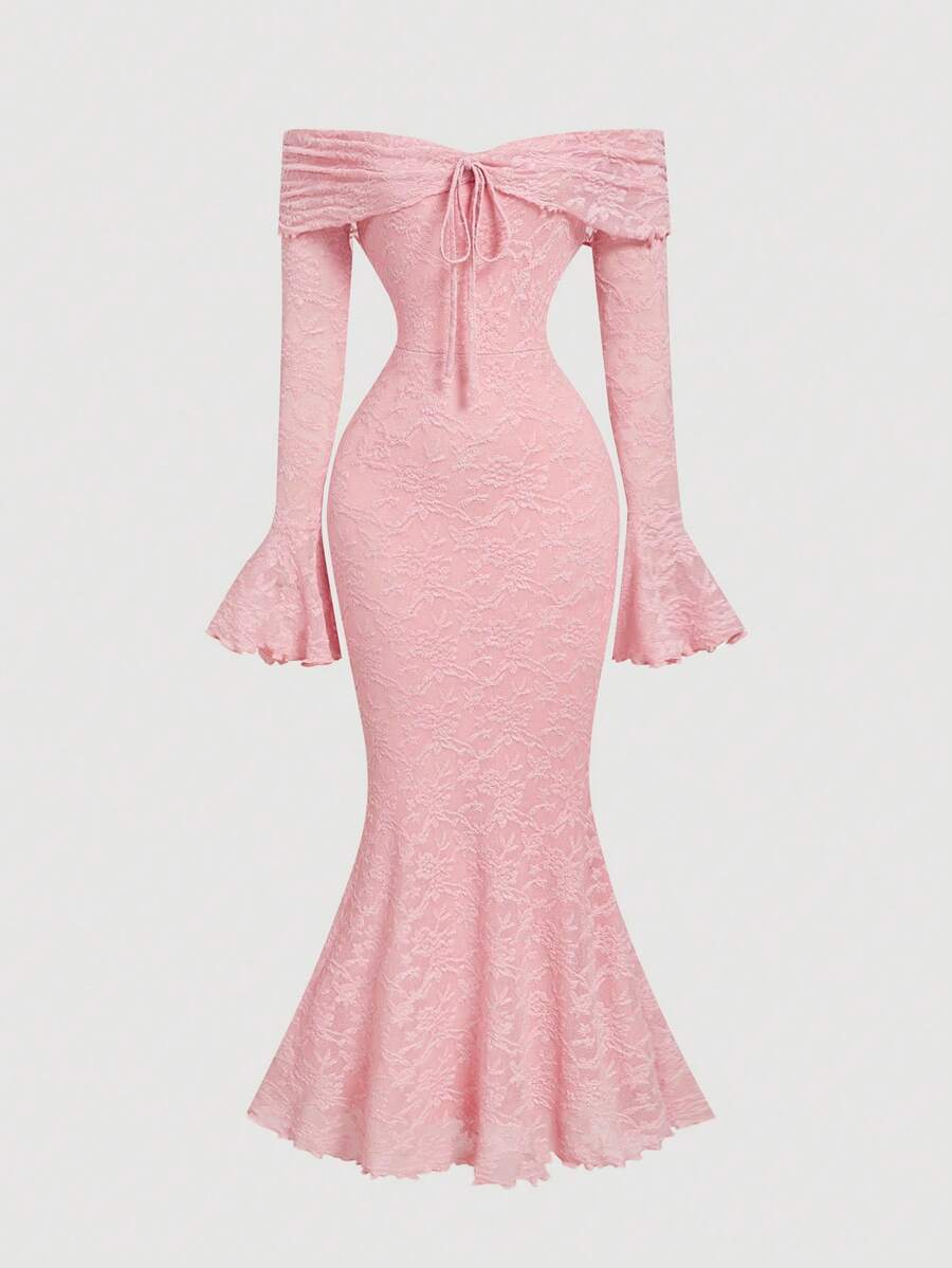 SHEIN MOD Đầm bodycon trễ vai tay dài buộc dây phía trước cho nữ, Đầm năm mới cho nữ, Đầm dự tiệc năm mới, Ngày lễ tình nhân, Đầm màu pastel cho nữ - Hồng - Xem 1