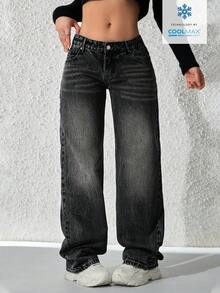 SHEIN ICON Quần jeans nữ thường ngày có túi và nút - màu đen - Xem 6