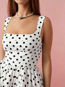 Women's Polka Dot Pattern Square Neck Sleeveless Elegant Dress - White - View 2
