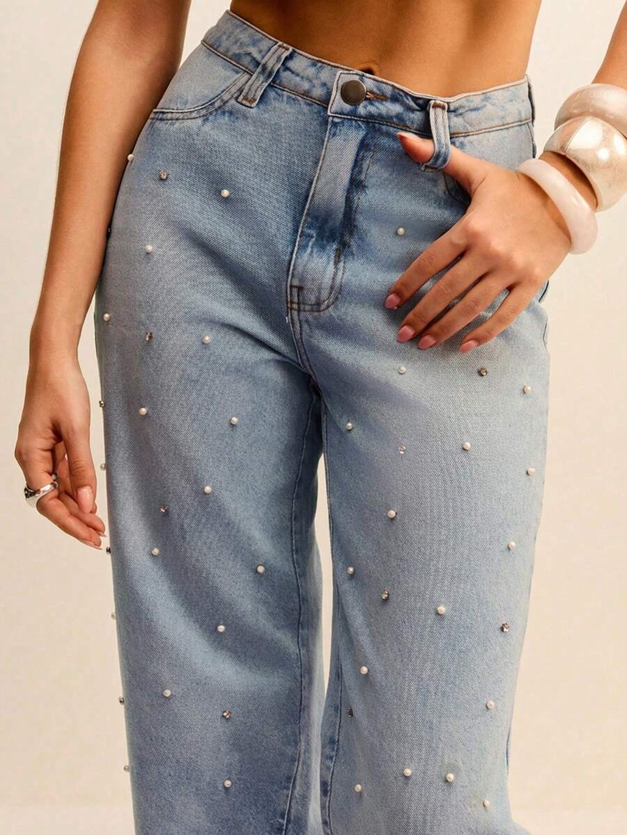 Daynim Faux Pearls Beaded Straight Leg Jeans - Light Wash - View 1
