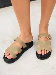 HighSole 女士搭扣设计休闲厚底凉鞋，适合日常穿着，圣诞节也适用 - 卡其色 - 查看 4