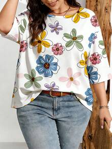 EMERY ROSE Plus Size Women's Fashion Floral Print Drop Shoulder T-Shirt, Suitable For Summer Ladies Tops - Multicolor - View 3