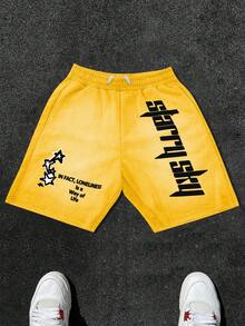 Manfinity Roghcode Plus Size Men's Casual Yellow Summer Streetwear City Break Knit Shorts,Letter & Star Pattern,Elastic Waistband With Drawstring,Pockets,Emo 2000s Style - Yellow - View 1