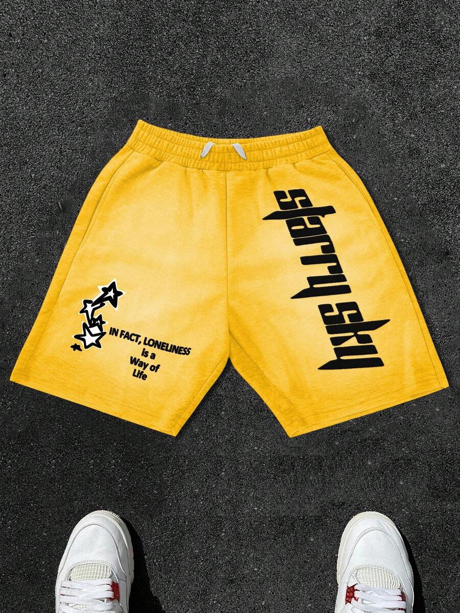 Manfinity Roghcode Plus Size Men's Casual Yellow Summer Streetwear City Break Knit Shorts,Letter & Star Pattern,Elastic Waistband With Drawstring,Pockets,Emo 2000s Style - Yellow - View 1
