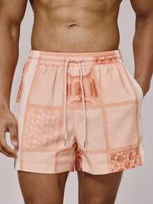 Musero 全身印花弹力抽绳腰带泳裤，春夏度假必备沙滩泳池泳装 - 橘色 - 查看 1