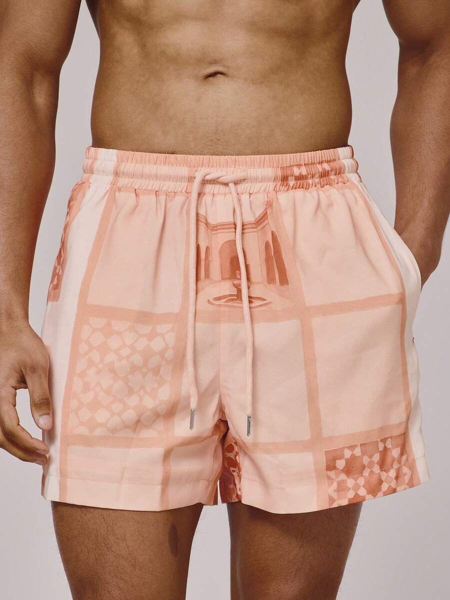 Musero 全身印花弹力抽绳腰带泳裤，春夏度假必备沙滩泳池泳装 - 橘色 - 查看 1