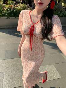 DAZY Ditsy Floral Contrast Trim Ruffle Sleeve Fitted Women Nightgown Pajamas - Pink - View 2