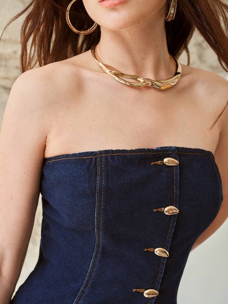 WOMEN'S DENIM BANDEAU TOP AND MINI SKIRT SET, SPRING/SUMMER