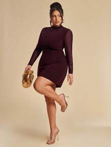 SHEIN BAE Robe midi déchirée à manches longues en maille sexy et patchwork pour femmes de grande taille, robe mini élégante en maille bordeaux avec dos découpé pour femmes, robe moulante de soirée à col montant et manches longues en maille transparente avec détail de dos découpé en bordeaux, parfaite pour les fêtes, robe mini sophistiquée en bordeaux pour femmes avec manches longues transparentes, col montant et design de dos découpé à la mode - Lie de vin - Voir 6