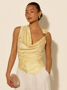 COSMINA Women's Elegant Asymmetric Shoulder Metal Buckle Sleeveless Blouse, Versatile For Commute, Office, Outing, Party, Spring - Light Yellow - View 1