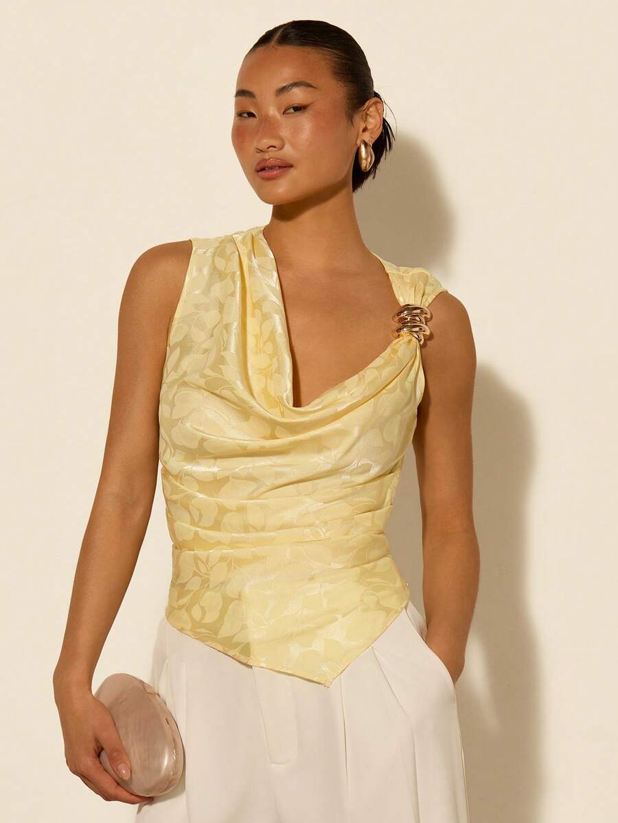 COSMINA Women's Elegant Asymmetric Shoulder Metal Buckle Sleeveless Blouse, Versatile For Commute, Office, Outing, Party, Spring - Light Yellow - View 1