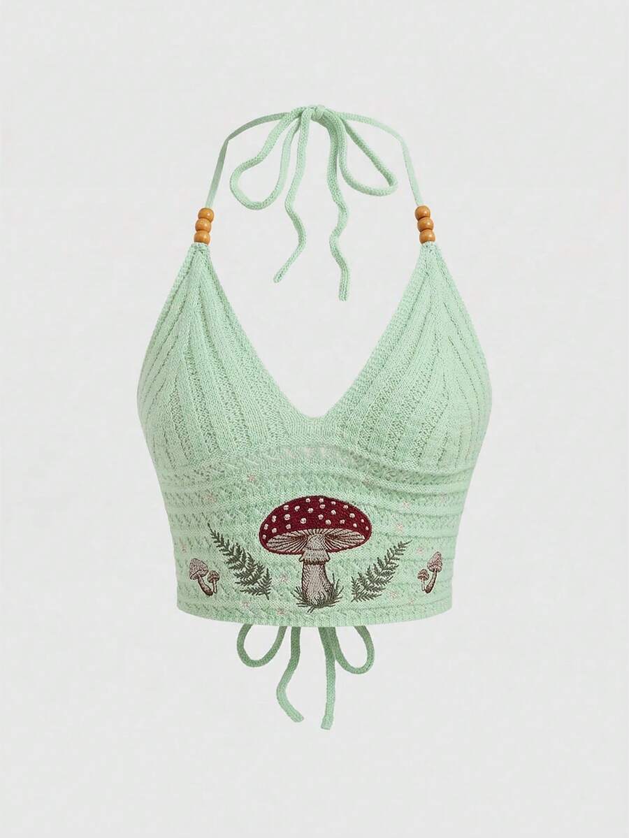 ROMWE Áo len nữ dệt kim đính cườm thêu hình nấm theo phong cách nghỉ dưỡng Hippie - Màu xanh Bạc hà - Xem 1
