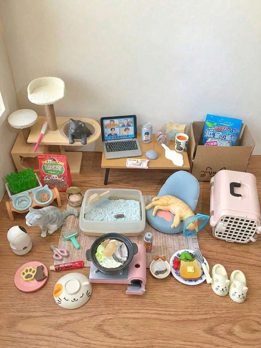MINKOJA MINKOJA 8 件套迷你猫咪日常生活猫砂盆猫咪游戏屋场景摆件微缩景观礼品套装，适用于搭配微缩景观，复活节，复活节礼物，微缩物品 - 彩色 - 查看 1