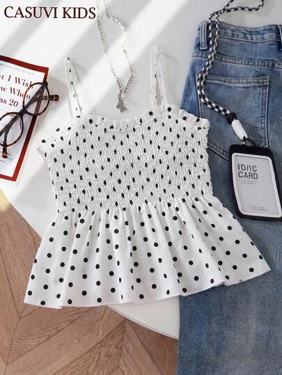 SHEIN 少女波点印花休闲吊带衫