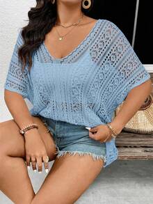 SHEIN Frenchy 大码休闲简约度假百搭女式套头针织衫，白色，适合休闲度假 - 藍色 - 查看 5