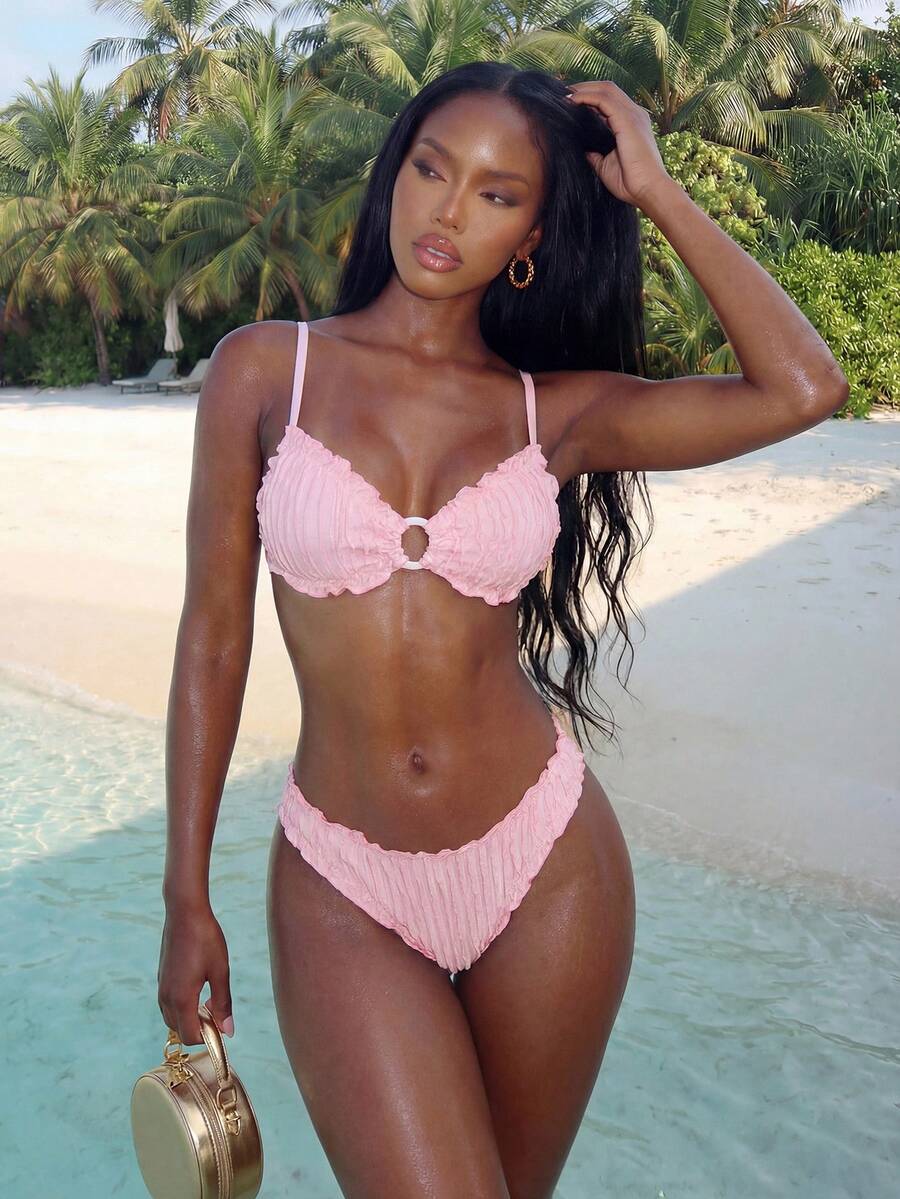 Vaytide 女士泳装 SXY-D 纯色提花面料可爱荷叶边可调节系带休闲沙滩比基尼套装 - 粉色 - 查看 1